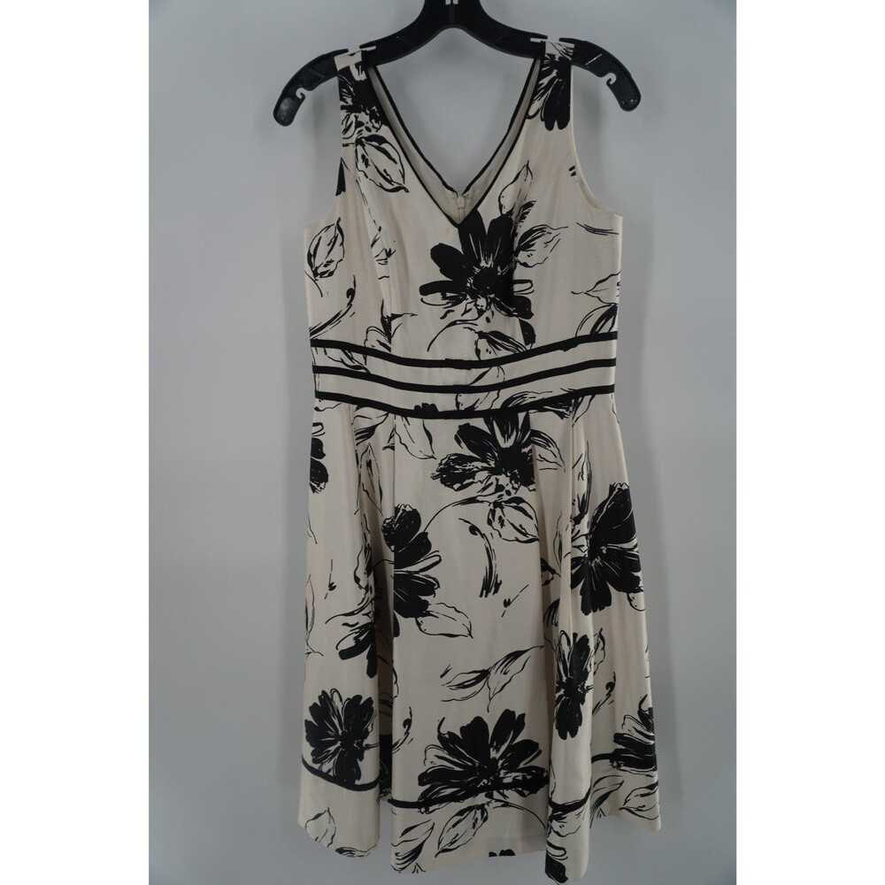 Jessica Howard Fit & Flare Black Ivory Floral V-Neck Sleeveless Midi Dress Sz 6